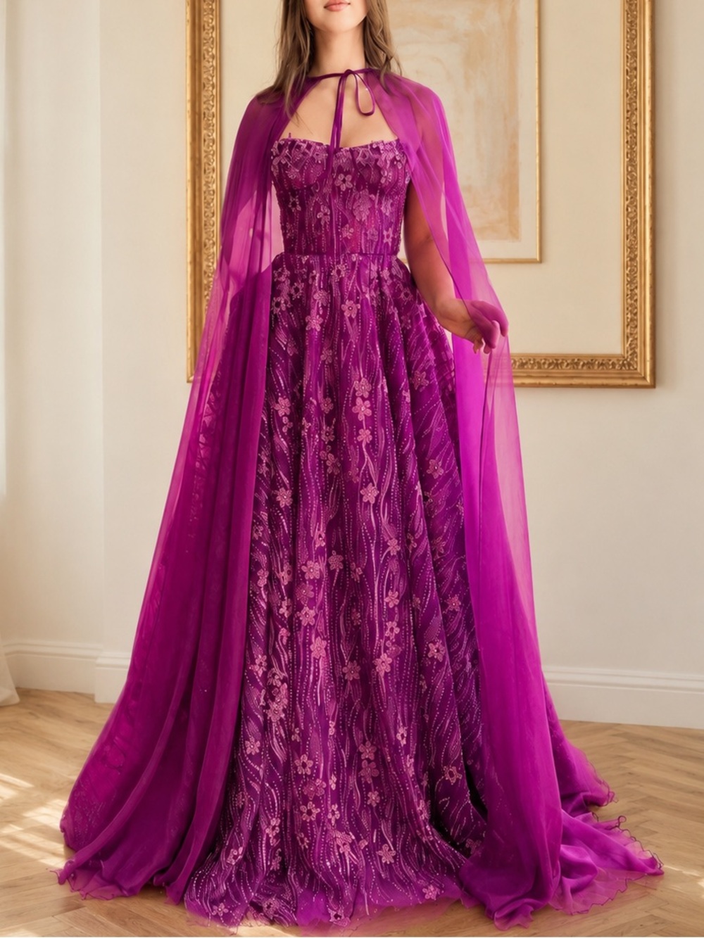Teuta Matoshi Magenta Embroidered Maxi Gown with Sheer Cape